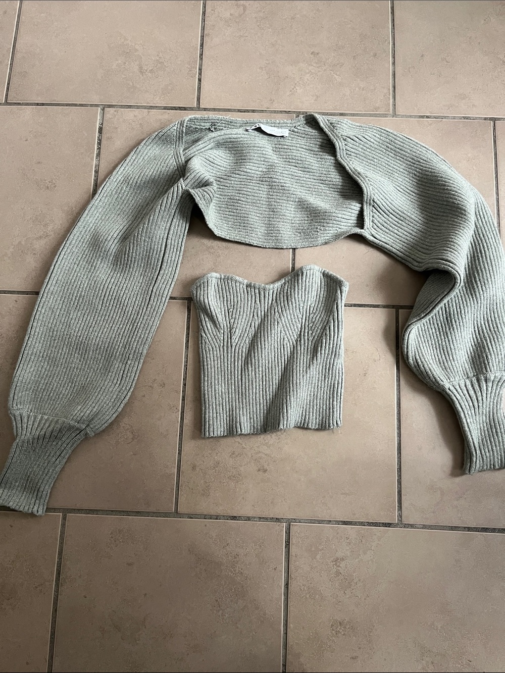 Zara Sage Green Ribbed Off-Shoulder Two-Piece Sweater Set